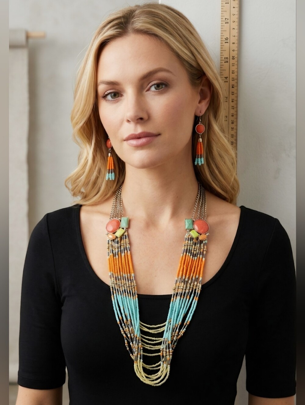 Multi-Row Beaded Statement Necklace and Earring Set - Orange & Turquoise